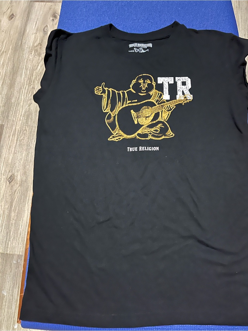 True Religion Black Tee with Gold Buddha Guitar Graphic
